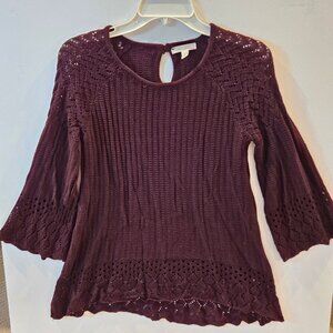 Lauren Conrad Women Top Blouse Wine Burgundy 3/4 Sleeve Keyhole Back Lace SMALL